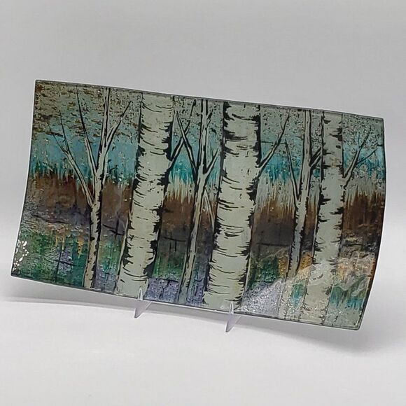𝅺Reverse Hand Painted Birch Tree Forest Art Glass Console Plate - Picture 9 of 11